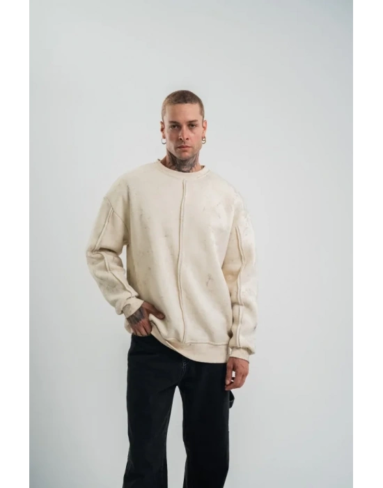 Unisex Bisiklet Yaka Özel Pis Dikişli Yıkamalı weathirt  Bej