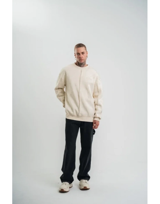 Unisex Bisiklet Yaka Özel Pis Dikişli Yıkamalı weathirt  Bej