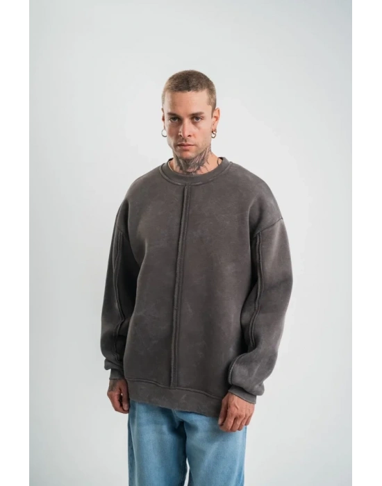 Unisex Bisiklet Yaka Özel Pis Dikişli Yıkamalı weathirt  Füme