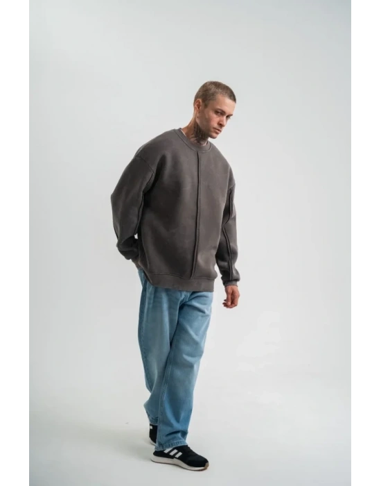 Unisex Bisiklet Yaka Özel Pis Dikişli Yıkamalı weathirt  Füme