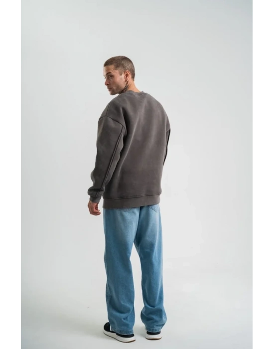 Unisex Bisiklet Yaka Özel Pis Dikişli Yıkamalı weathirt  Füme