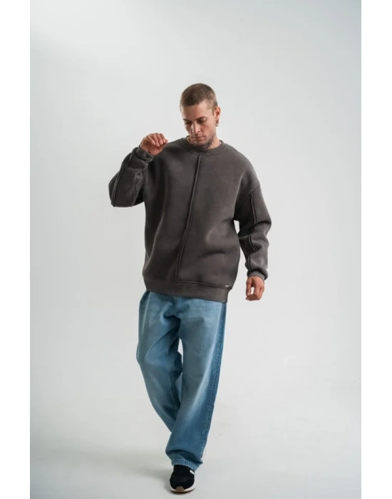 Unisex Bisiklet Yaka Özel Pis Dikişli Yıkamalı weathirt  Füme