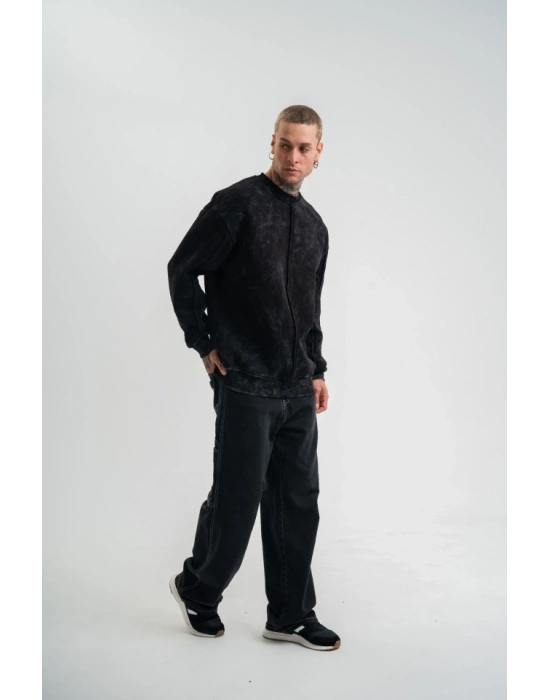 Unisex Bisiklet Yaka Özel Pis Dikişli Yıkamalı weathirt  iyah