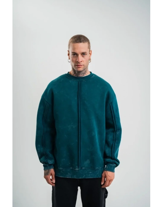 Unisex Bisiklet Yaka Özel Pis Dikişli Yıkamalı weathirt  Koyu Deniz Yeşili