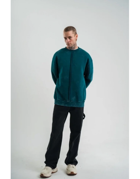 Unisex Bisiklet Yaka Özel Pis Dikişli Yıkamalı weathirt  Koyu Deniz Yeşili