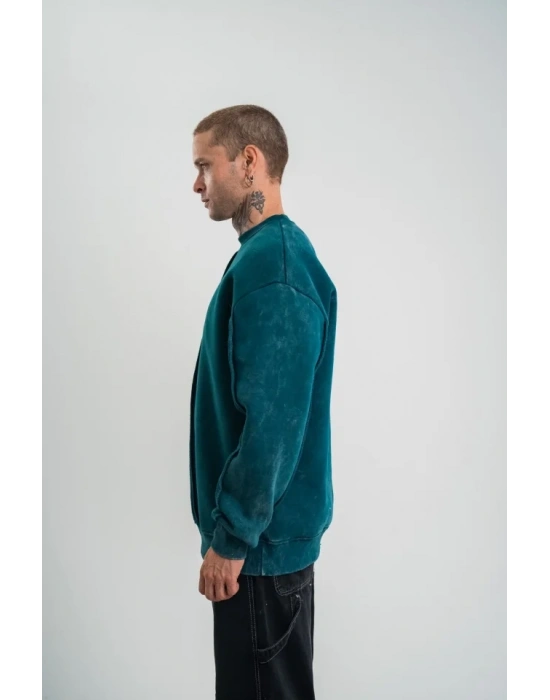 Unisex Bisiklet Yaka Özel Pis Dikişli Yıkamalı weathirt  Koyu Deniz Yeşili