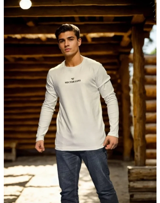 Unisex Bisiklet Yaka Uzun Kollu Thirt  Beyaz