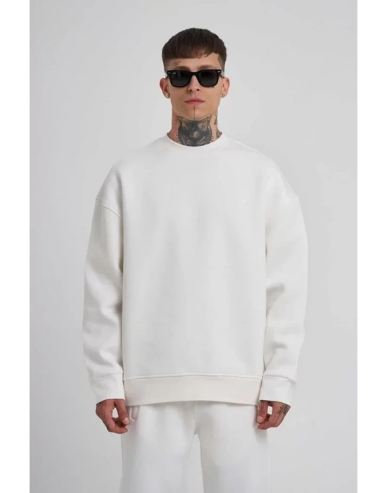 Unisex Biskilet Yaka Üç İplik weathirt  Beyaz