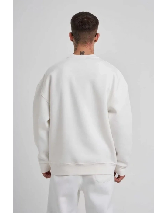 Unisex Biskilet Yaka Üç İplik weathirt  Beyaz