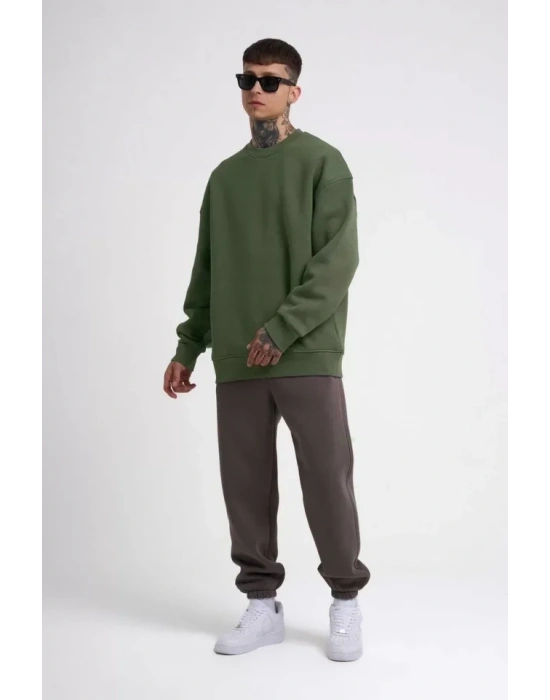 Unisex Biskilet Yaka Üç İplik weathirt  Haki