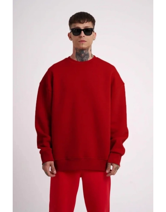 Unisex Biskilet Yaka Üç İplik weathirt  Kırmızı