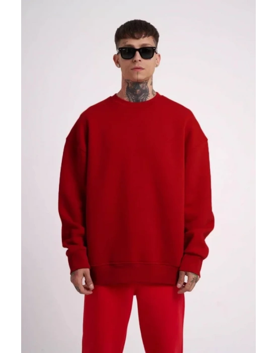 Unisex Biskilet Yaka Üç İplik weathirt  Kırmızı