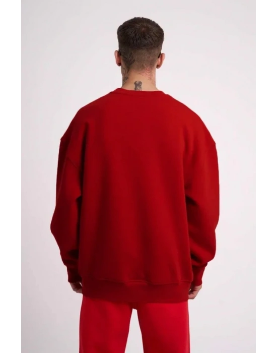 Unisex Biskilet Yaka Üç İplik weathirt  Kırmızı