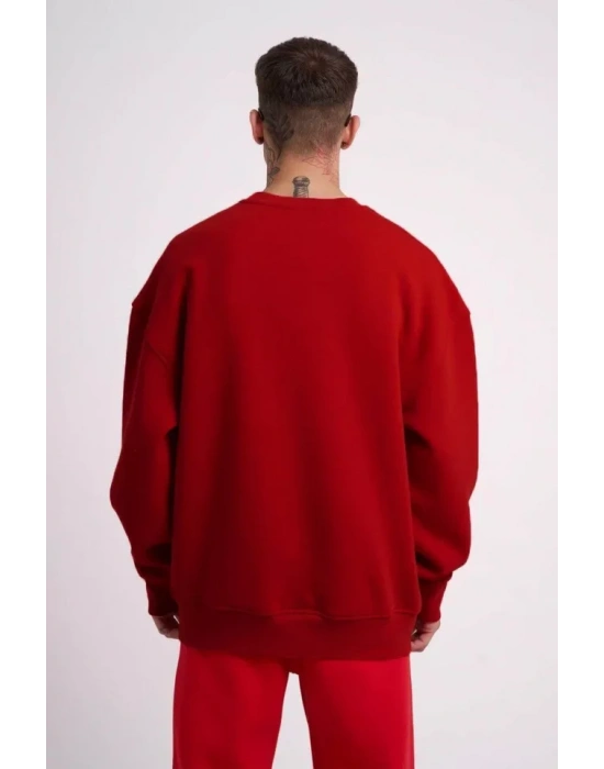 Unisex Biskilet Yaka Üç İplik weathirt  Kırmızı