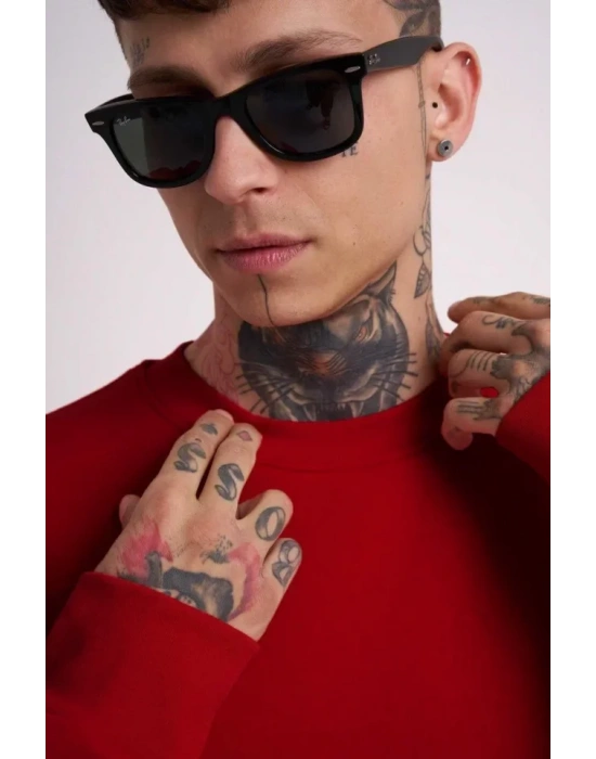 Unisex Biskilet Yaka Üç İplik weathirt  Kırmızı