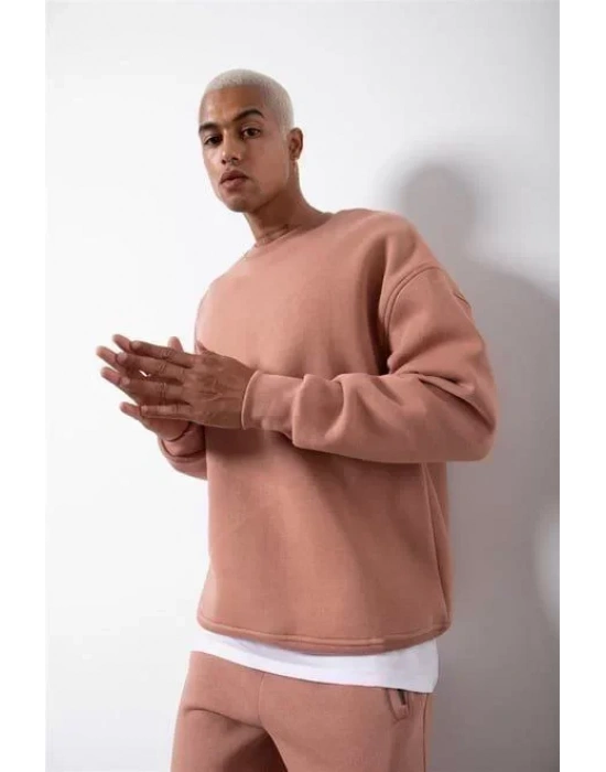 Unisex Biskilet Yaka Üç İplik weathirt  Pembe