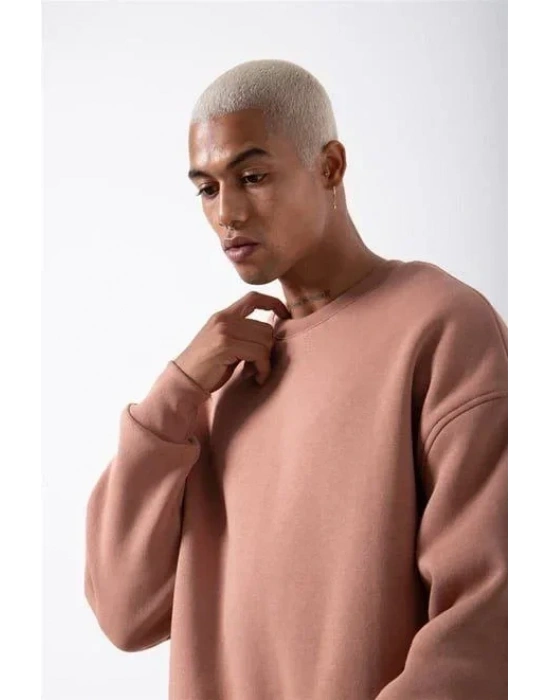 Unisex Biskilet Yaka Üç İplik weathirt  Pembe