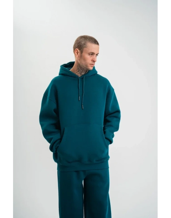 Unisex Double Oversize Kapşonlu Basic SweatShirt  Koyu Deniz Yeşili