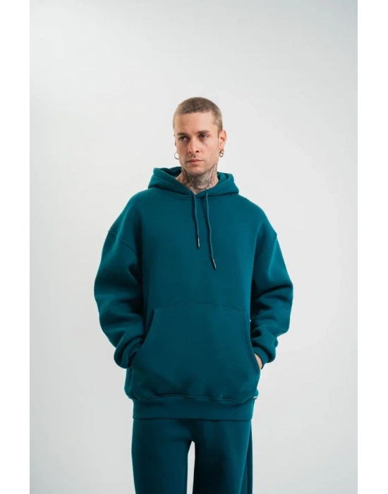 Unisex Double Oversize Kapşonlu Basic SweatShirt  Koyu Deniz Yeşili