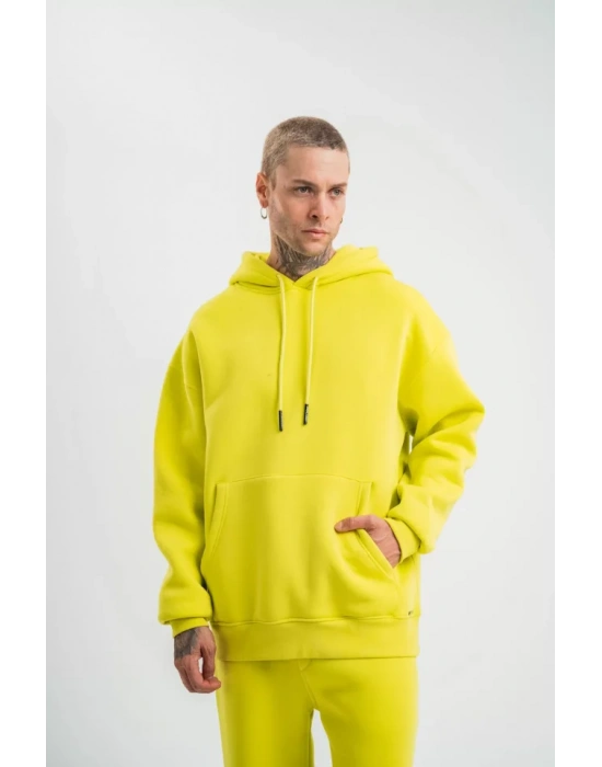 Unisex Double Oversize Kapşonlu Basic SweatShirt  Sarı