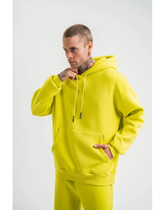 Unisex Double Oversize Kapşonlu Basic SweatShirt  Sarı