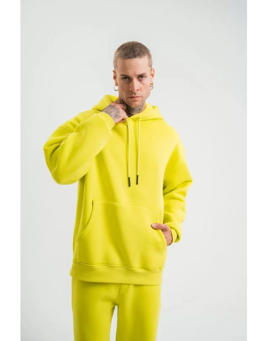 Unisex Double Oversize Kapşonlu Basic SweatShirt  Sarı