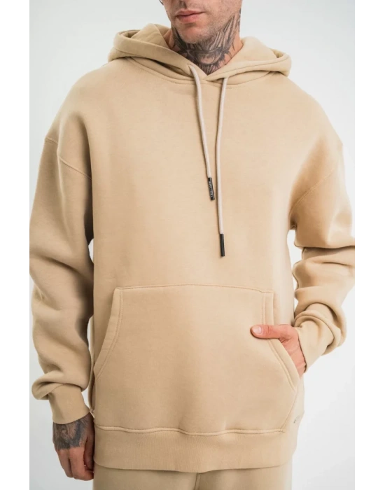 Unisex Double Oversize Kapşonlu Basic weathirt  Bej