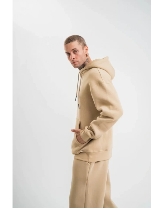 Unisex Double Oversize Kapşonlu Basic weathirt  Bej