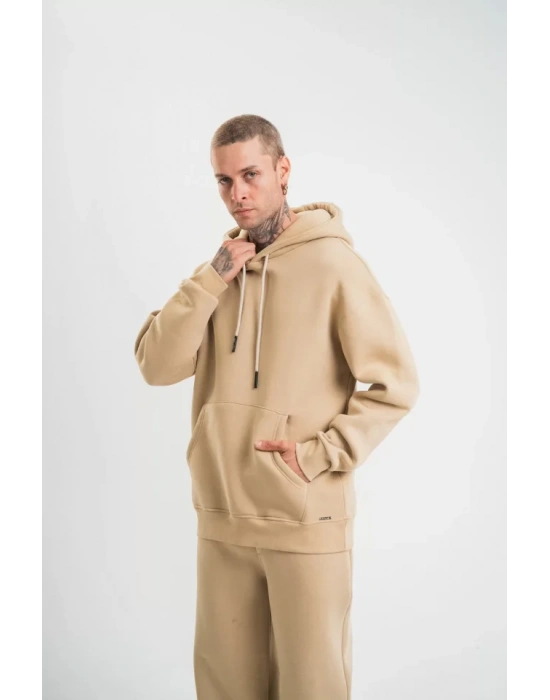 Unisex Double Oversize Kapşonlu Basic weathirt  Bej