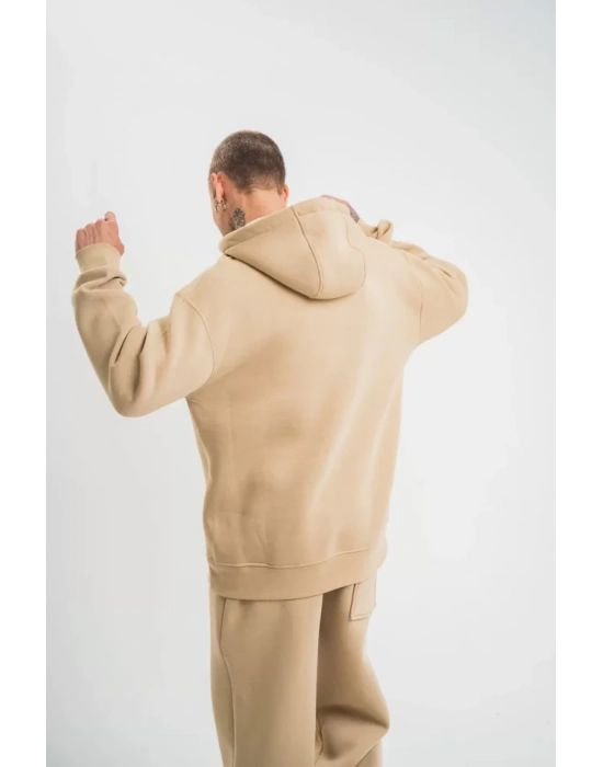 Unisex Double Oversize Kapşonlu Basic weathirt  Bej