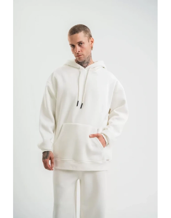 Unisex Double Oversize Kapşonlu Basic weathirt  Beyaz