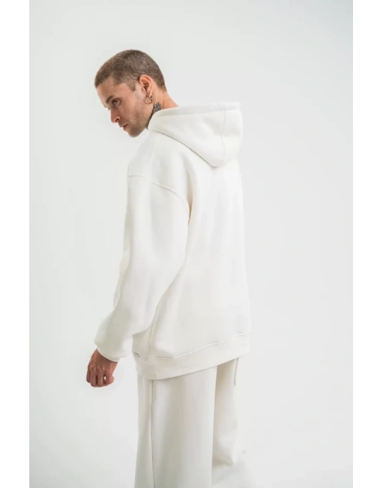Unisex Double Oversize Kapşonlu Basic weathirt  Beyaz