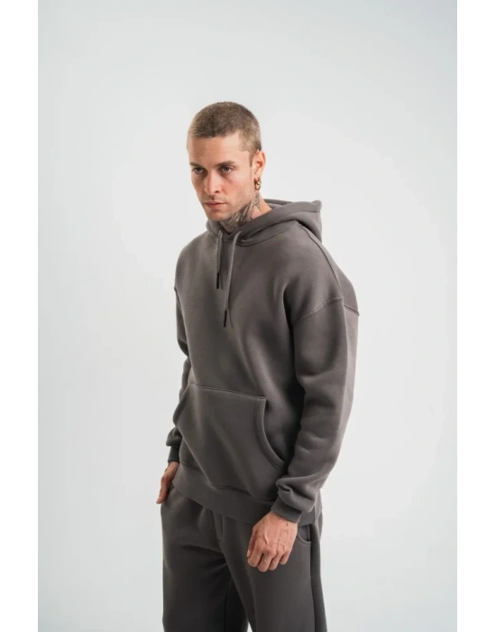 Unisex Double Oversize Kapşonlu Basic weathirt  Füme