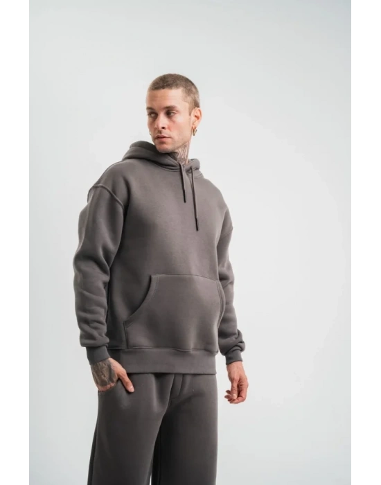 Unisex Double Oversize Kapşonlu Basic weathirt  Füme