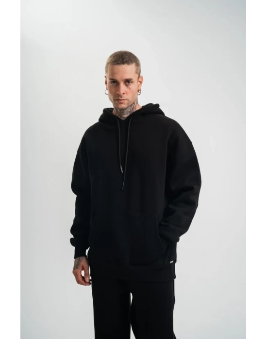 Unisex Double Oversize Kapşonlu Basic weathirt  iyah