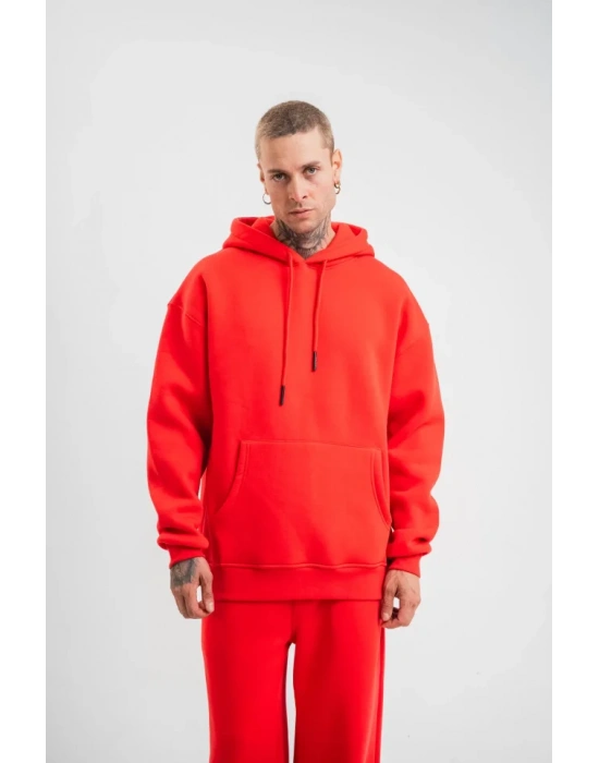 Unisex Double Oversize Kapşonlu Basic weathirt  Kırmızı