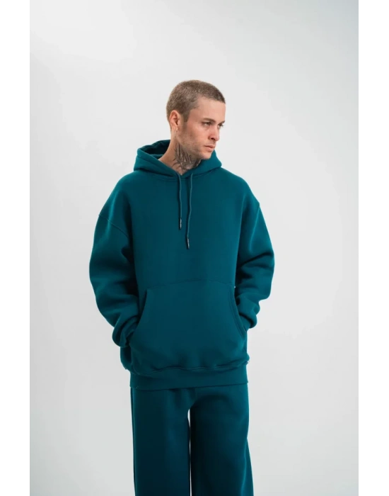 Unisex Double Oversize Kapşonlu Basic weathirt  Koyu Deniz Yeşili