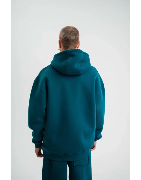 Unisex Double Oversize Kapşonlu Basic weathirt  Koyu Deniz Yeşili