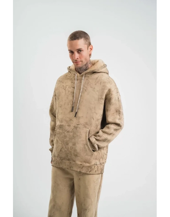 Unisex Double Oversize Kapşonlu Yıkamalı weathirt  Bej
