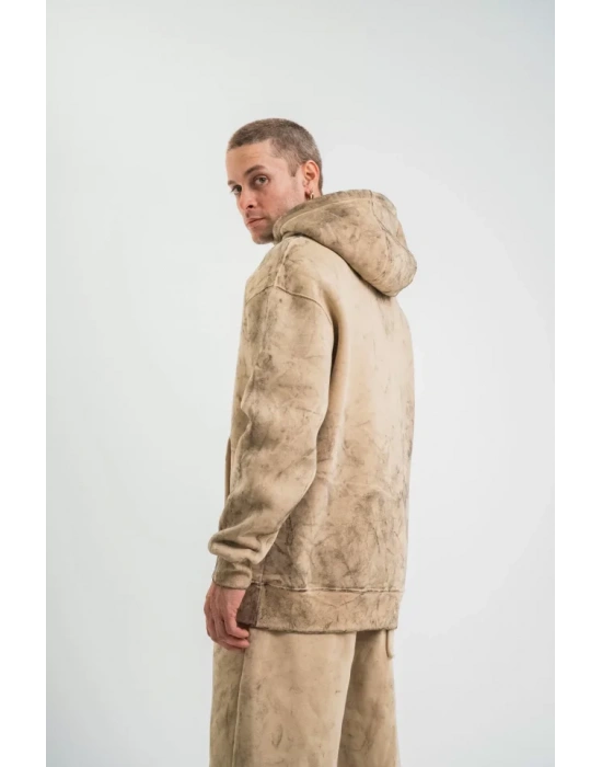 Unisex Double Oversize Kapşonlu Yıkamalı weathirt  Bej