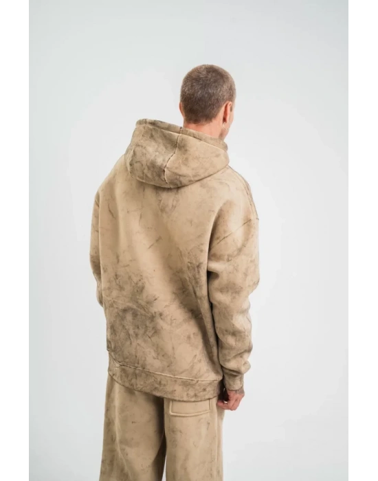 Unisex Double Oversize Kapşonlu Yıkamalı weathirt  Bej
