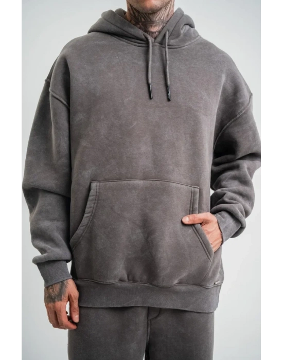 Unisex Double Oversize Kapşonlu Yıkamalı weathirt  Füme