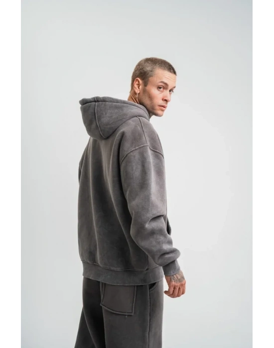 Unisex Double Oversize Kapşonlu Yıkamalı weathirt  Füme