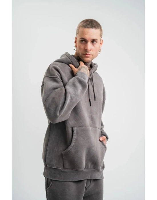 Unisex Double Oversize Kapşonlu Yıkamalı weathirt  Füme