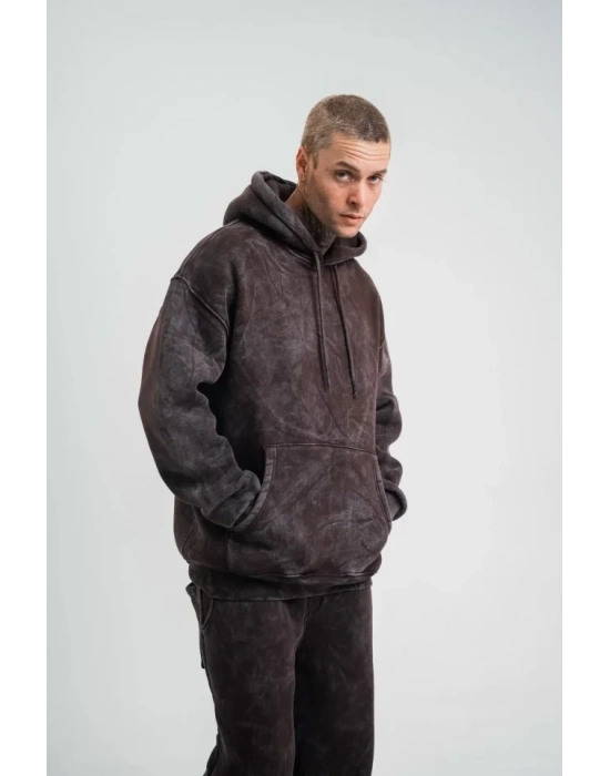 Unisex Double Oversize Kapşonlu Yıkamalı weathirt  Kahve
