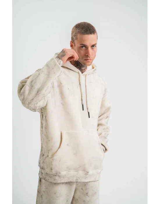 Unisex Double Oversize Kapşonlu Yıkamalı weathirt  Krem