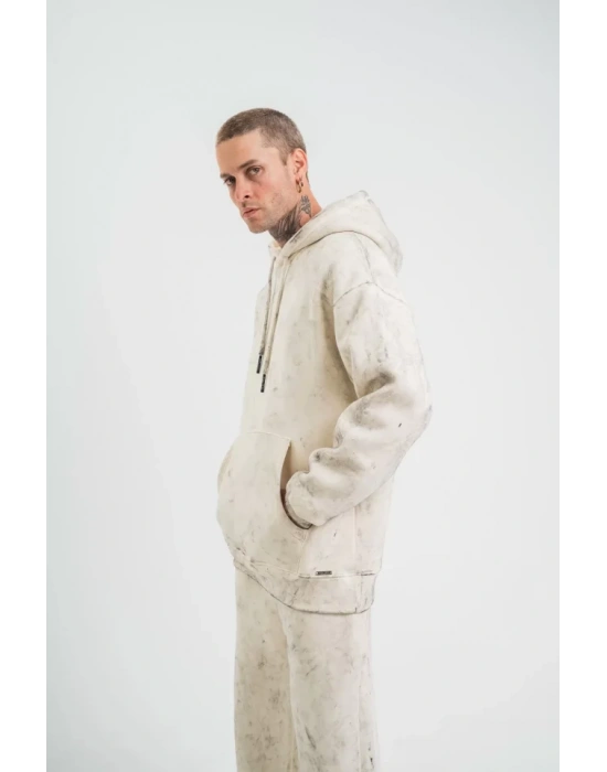 Unisex Double Oversize Kapşonlu Yıkamalı weathirt  Krem