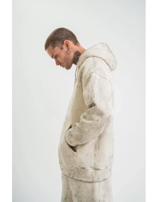 Unisex Double Oversize Kapşonlu Yıkamalı weathirt  Krem