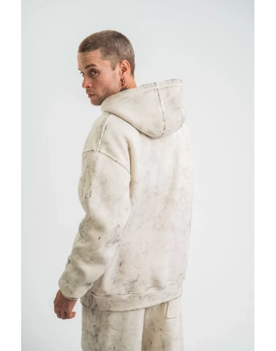 Unisex Double Oversize Kapşonlu Yıkamalı weathirt  Krem