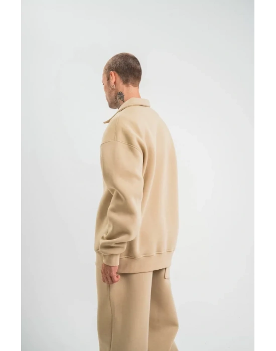 Unisex Double Oversize Patlı Yaka weathirt  Bej